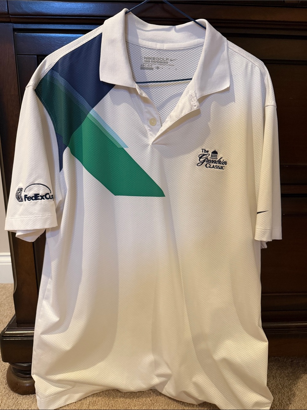 Nike White Polo with Green and Navy Geometric Accent